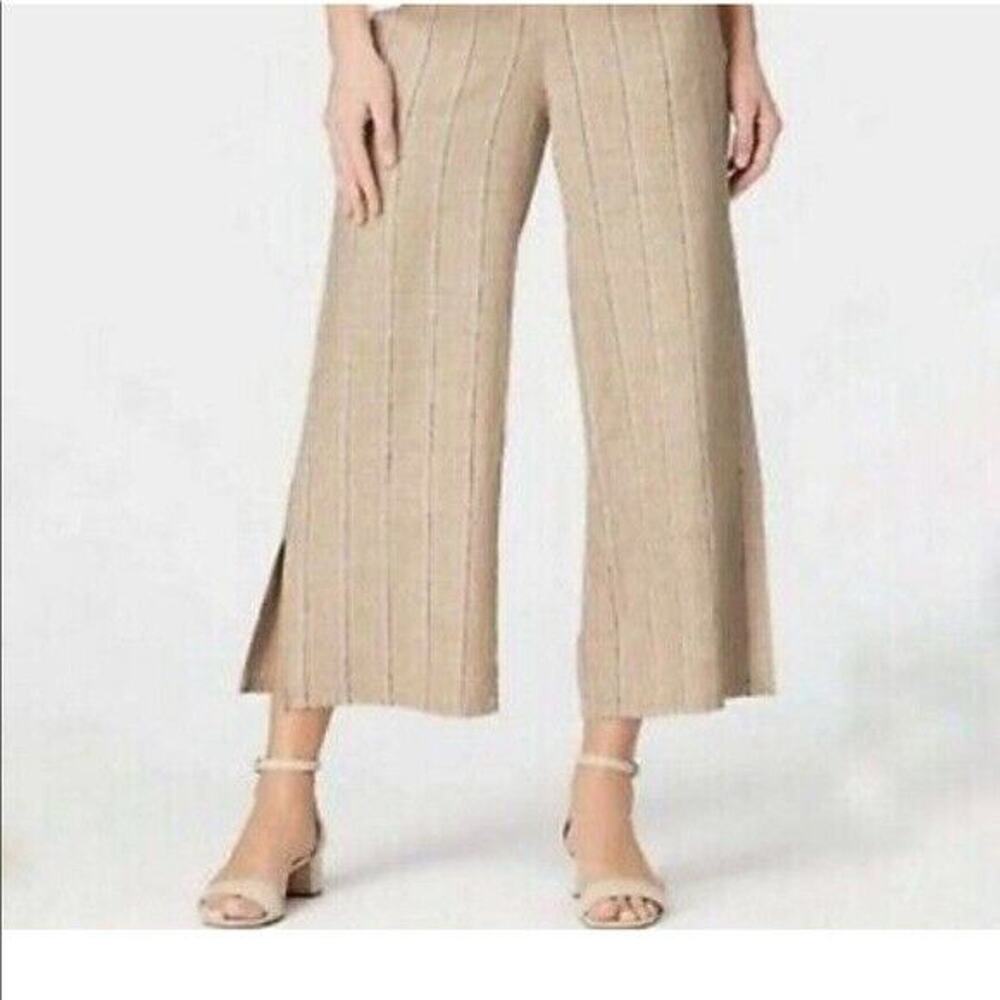 J Jill Size M Pants Linen Blend Full Leg Split Hem Crop High Rise Brown Stripe
